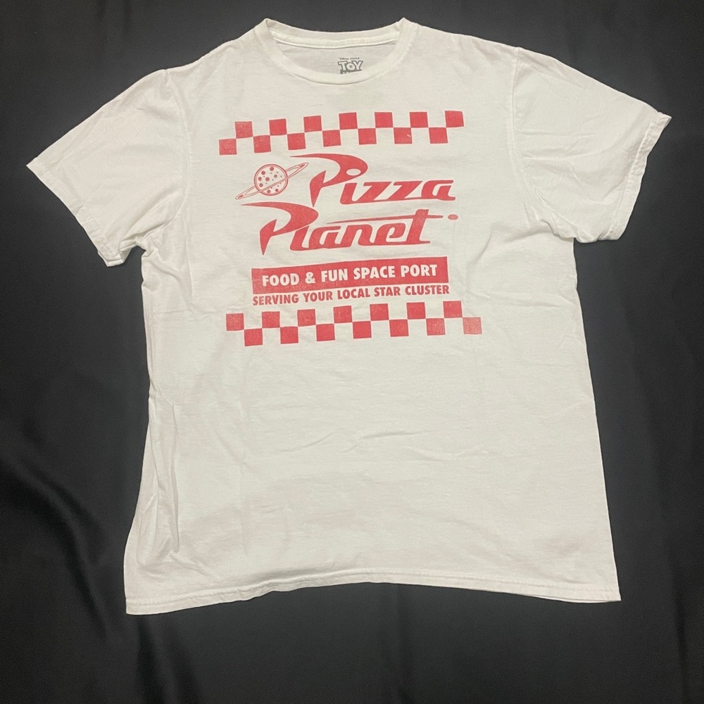White Pizza Planet T-Shirt with Red Print